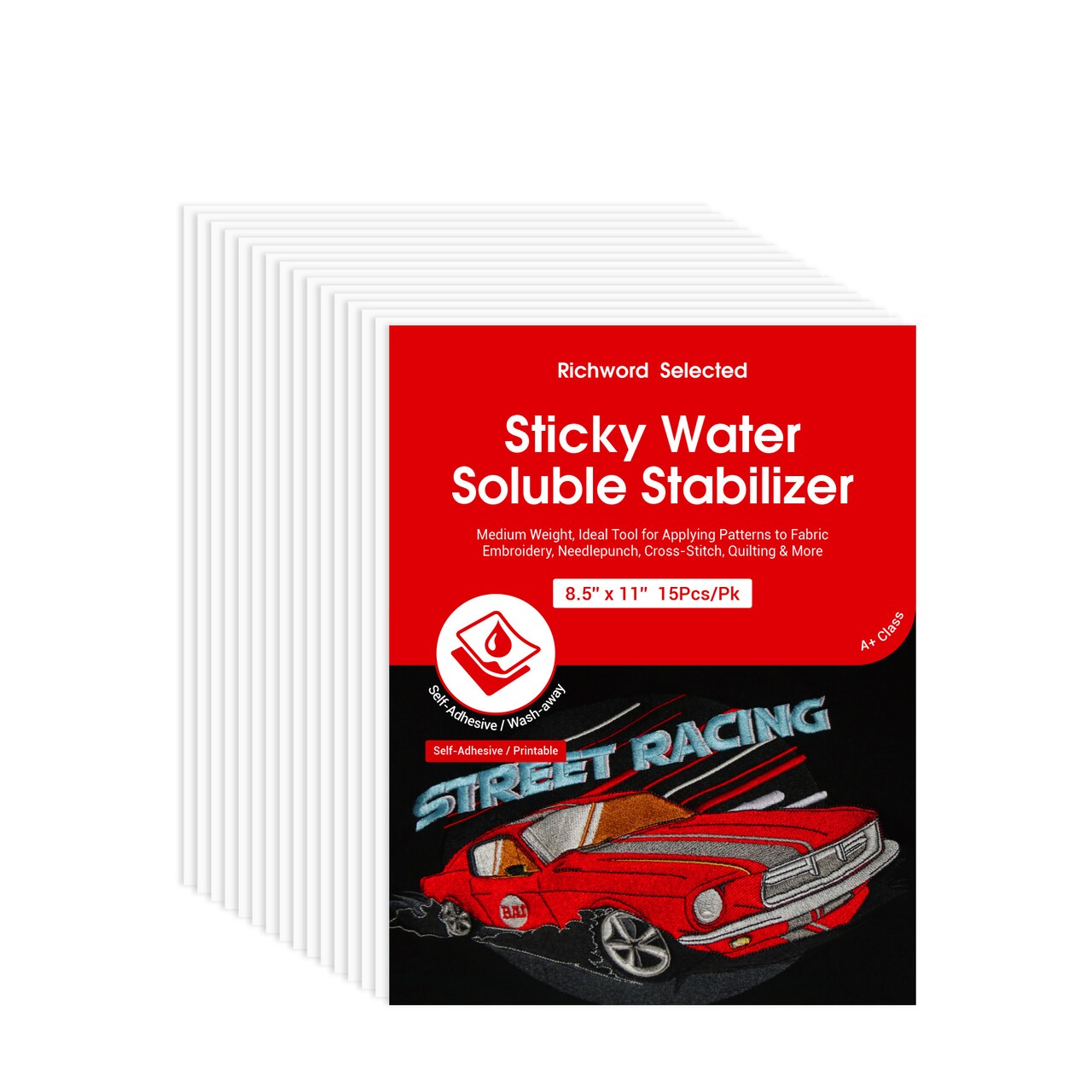 Richword Selected Printable Sticky Water-Soluble Embroidery Stabilizer, Wash Away Self-Adhesive Topper for Hand & Home Machine Embroidery, 8.5 x 11 in Sheets (10, 15 & 30 Pack) and 12 in x 10 yd Roll